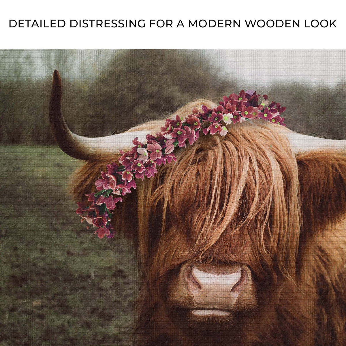 Retro Floral Crown Highland Cow Canvas Wall Art