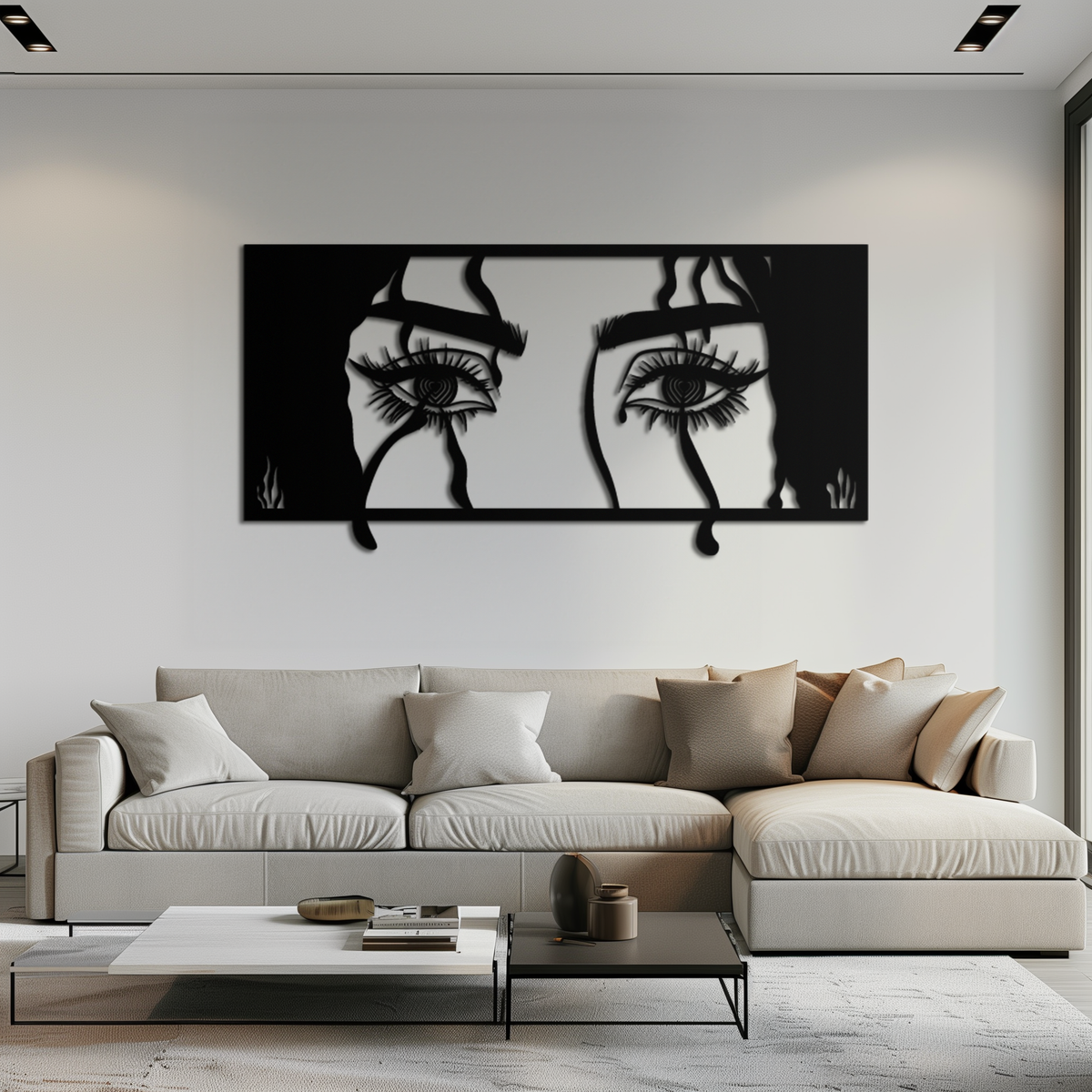 Mysterious Woman Eyes Metal Wall Art – Black Steel Feminine Silhouette Decor for Modern Stylish Interiors- KAF408