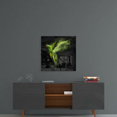 Green Parrot Powder Burst Glass Wall Art