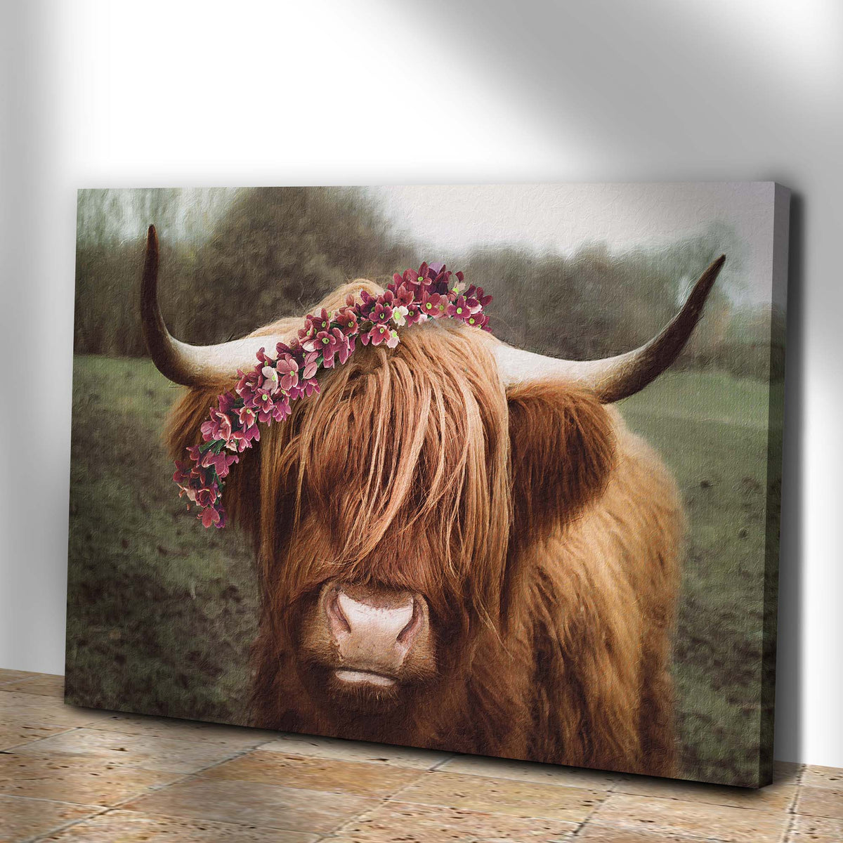 Retro Floral Crown Highland Cow Canvas Wall Art